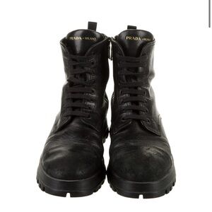 Authentic Prada Black Leather Combat-Style Lace-Up Boots